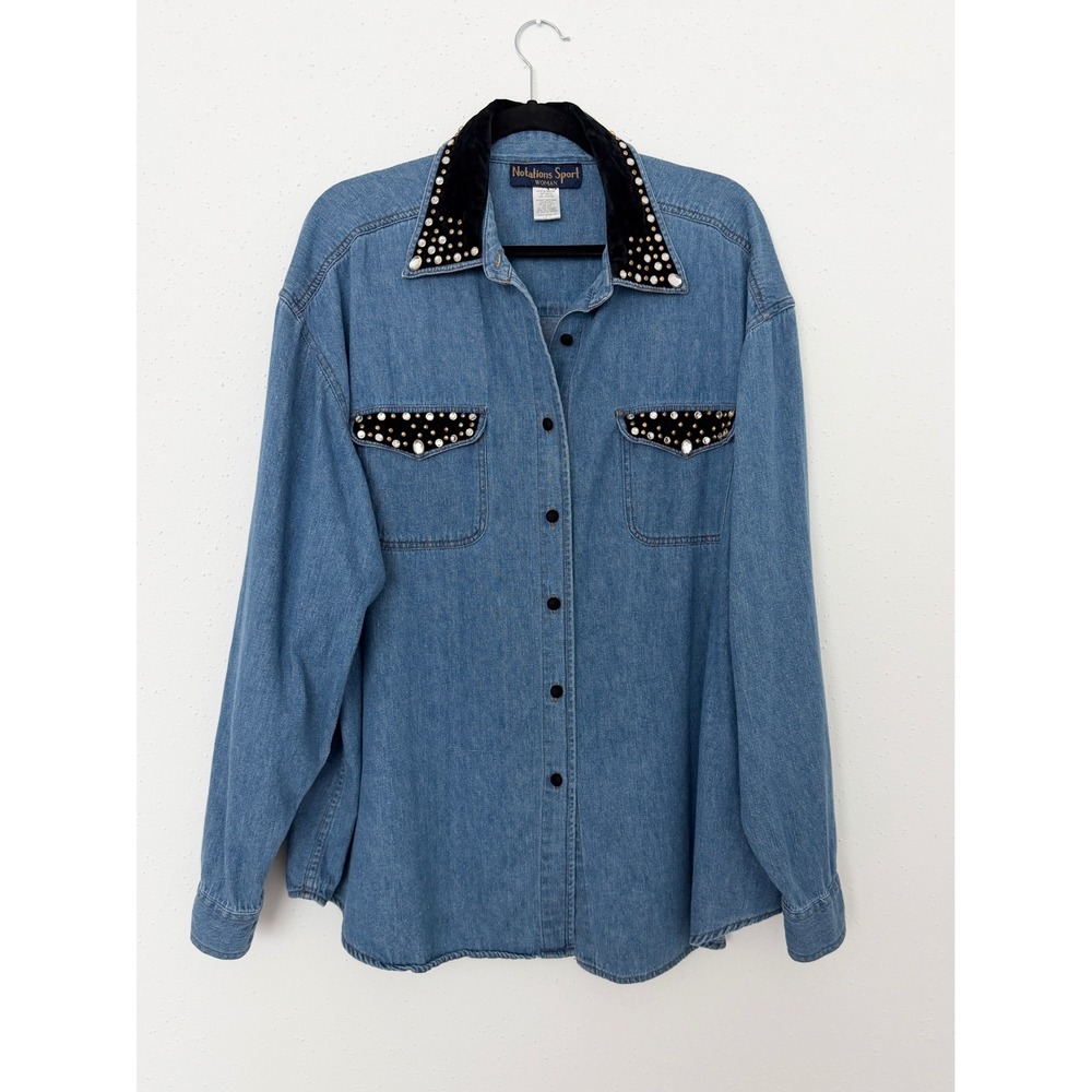 Vintage Y2K Rhinestone Denim Shirt Western Cowgirl Velvet Boho Button-Up 3X